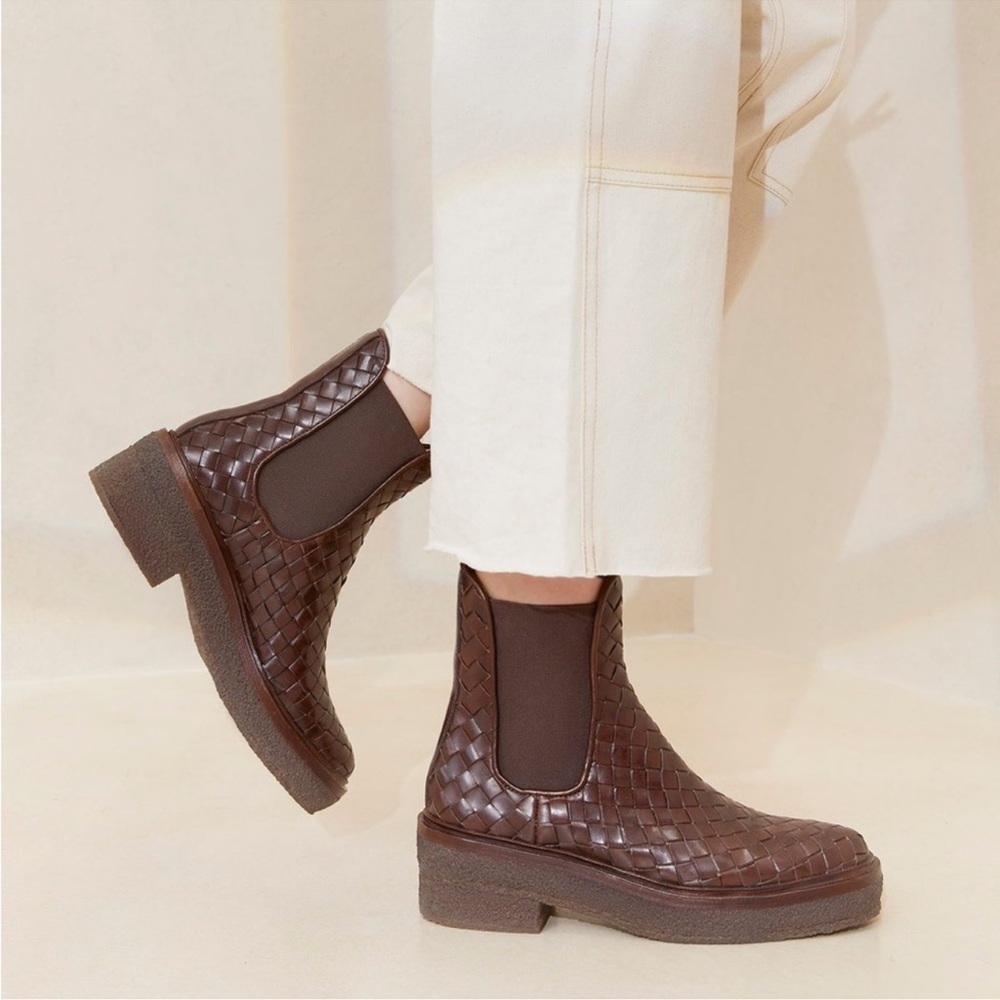 Like New, Loeffler Randall Raquel Brown Woven Leather Chelsea Boots, Size 7.5